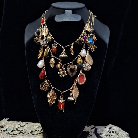 no brand Jewelry - Zara Inspired Bohemian Multi-Charm Gold Necklace with Red & Black Accents